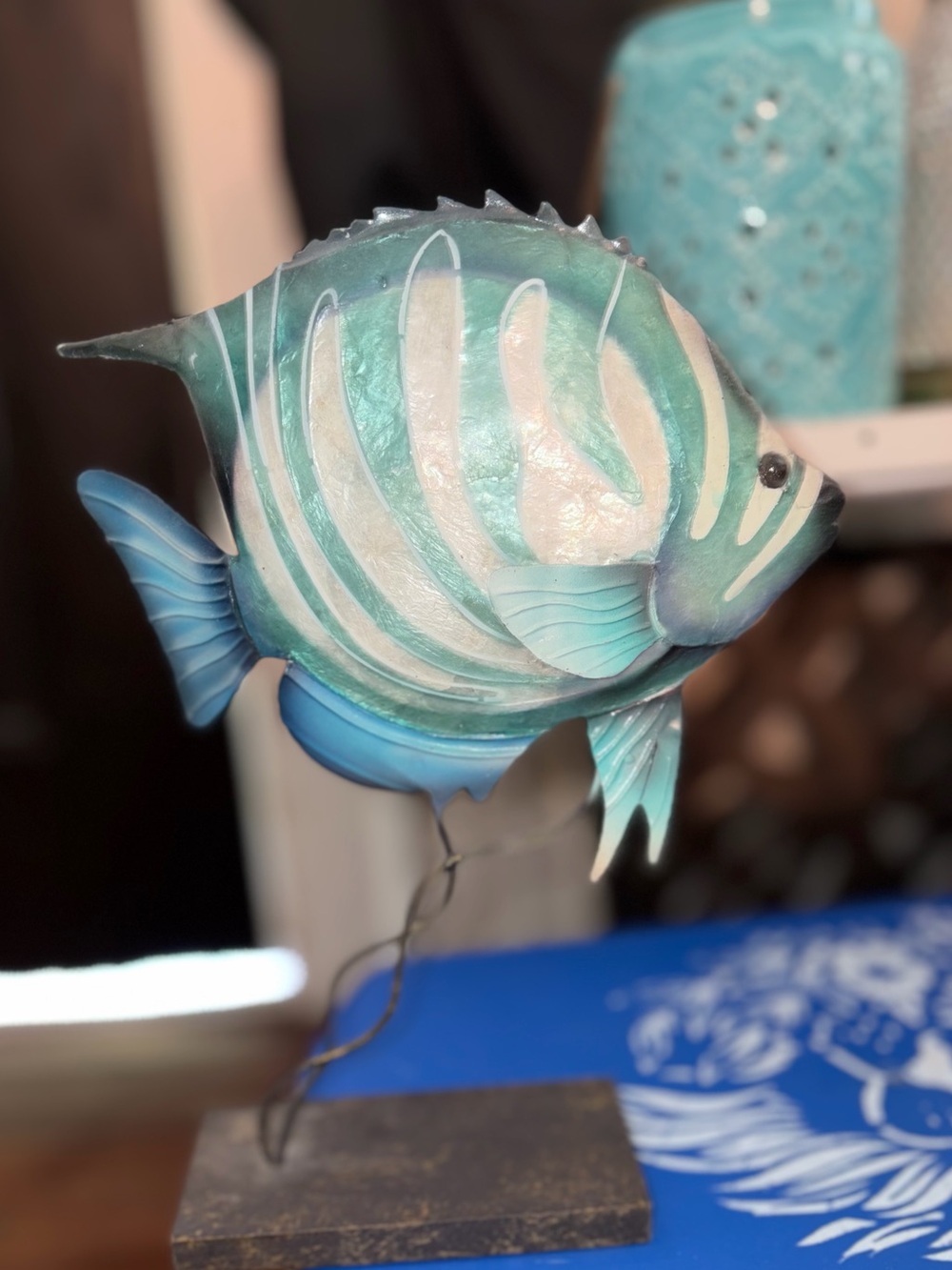 Aqua & White Striped Fish Table Accent - Coastal Reef Décor